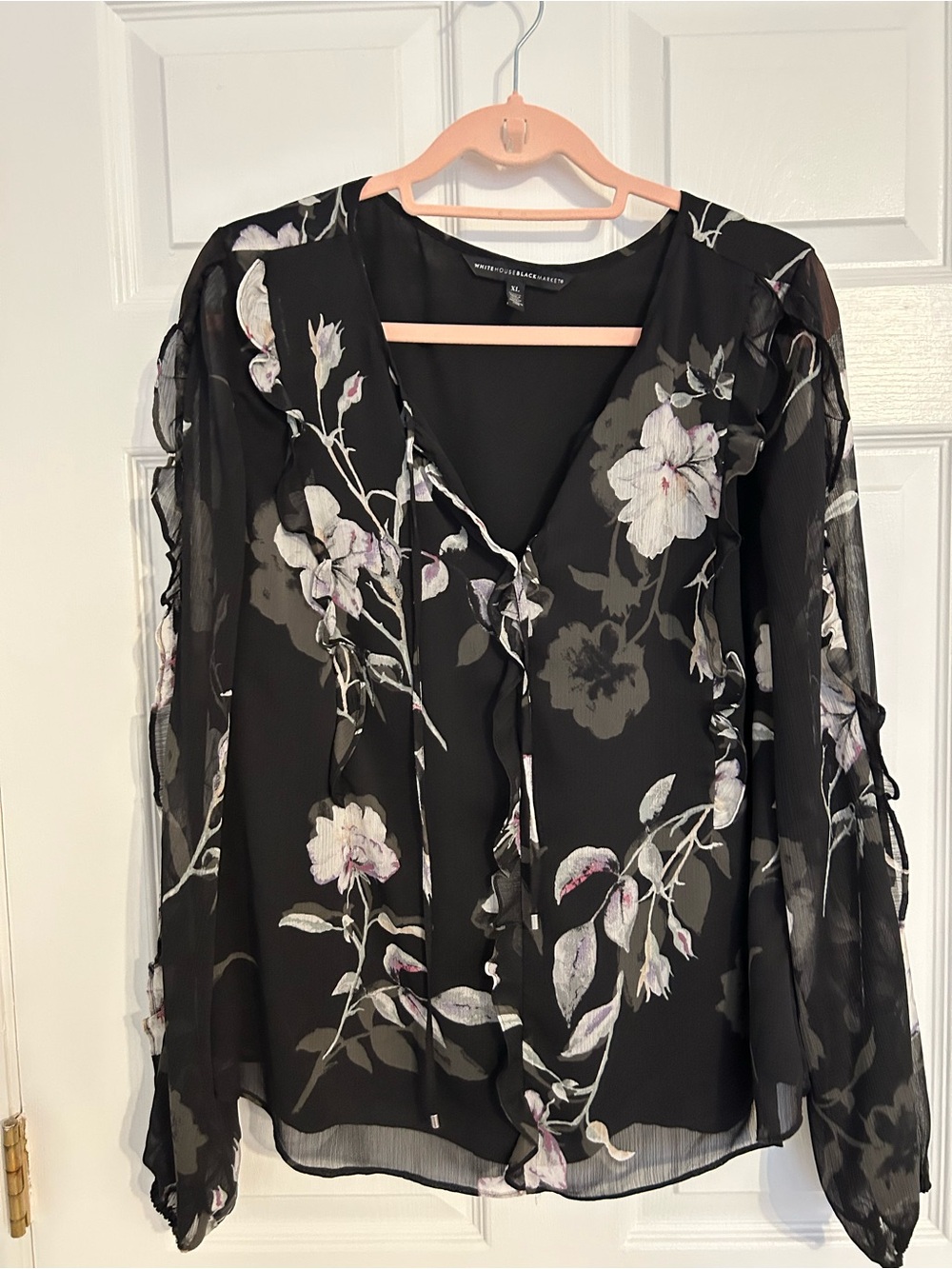 White House Black Market Black Sheer Floral Ruffle Blouse